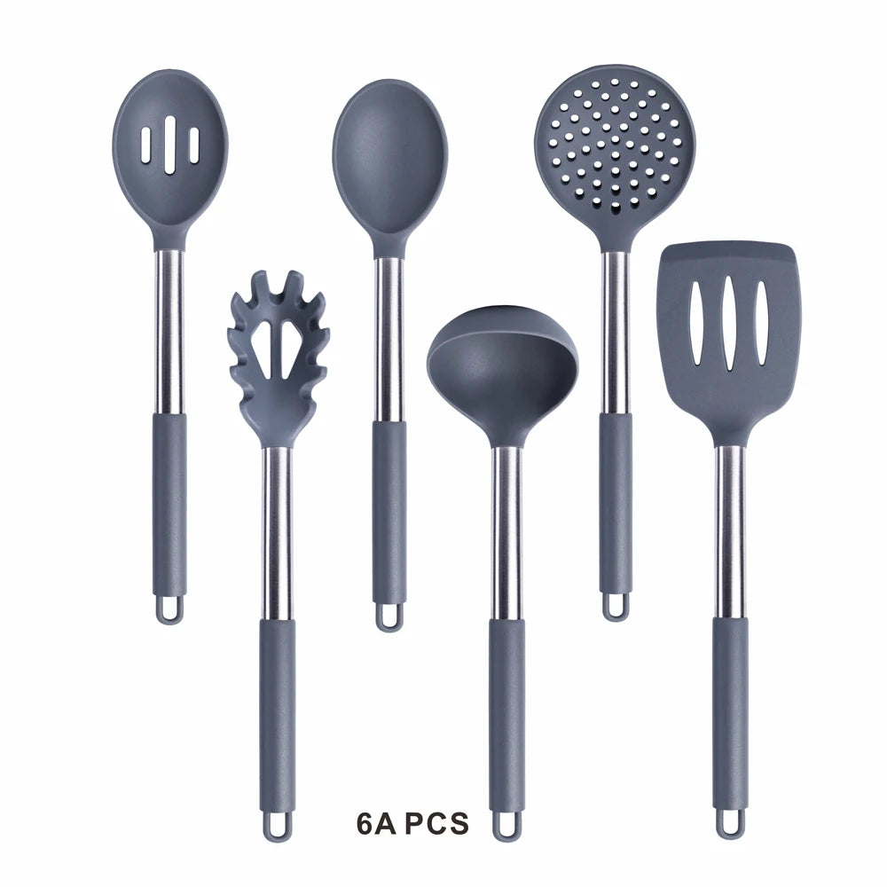 Silicone Kitchen Utensils Set with Stainless Steel Handles – Non-Stick Safe, Heat Resistant | Grey & Black | Available in 5 to 15-Piece Sets Grey — 6 Piece Set