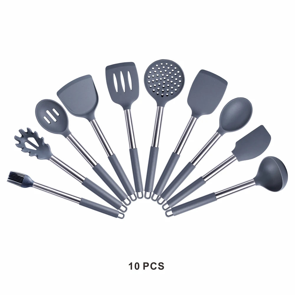 Silicone Kitchen Utensils Set with Stainless Steel Handles – Non-Stick Safe, Heat Resistant | Grey & Black | Available in 5 to 15-Piece Sets Grey — 10 Piece Set