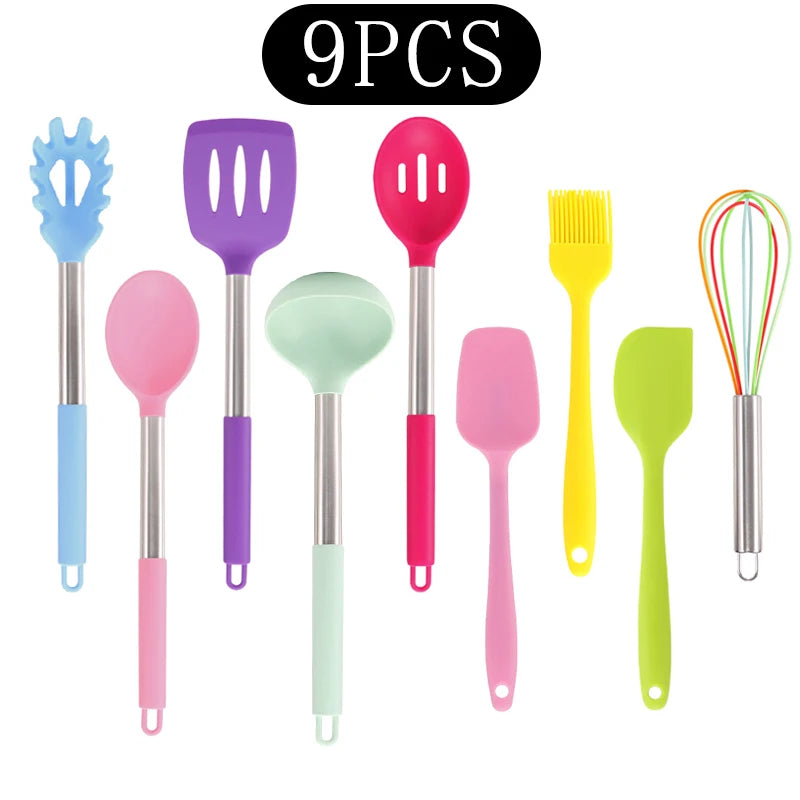 Silicone Kitchen Utensils Set with Stainless Steel Handles – Non-Stick, Heat-Resistant Cooking Utensils for Everyday Cooking & Baking, Available in 4 Colours & Multiple Set Sizes 9-Piece Rainbow