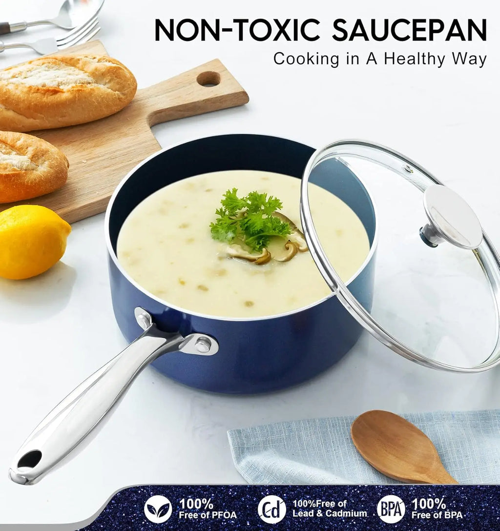 Ceramic Nonstick Saucepan with Lid – Pressed Aluminium, 2-Layer Ceramic Coating, Induction Compatible, Ideal for Soups, Sauces, and Everyday Cooking