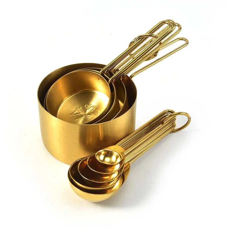 Golden Stainless Steel Measuring Cups & Spoons Set – Stackable Kitchen Baking Tools, Available as 4 Cups, 5 Spoons or 9-Piece Set 9pcs set