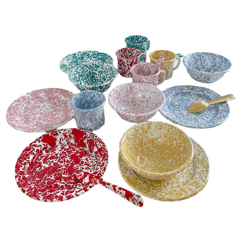 Retro Enamel Dinnerware | Splash Ink Pattern | Plates, Bowls, Cups & Spoons | Assorted Designs