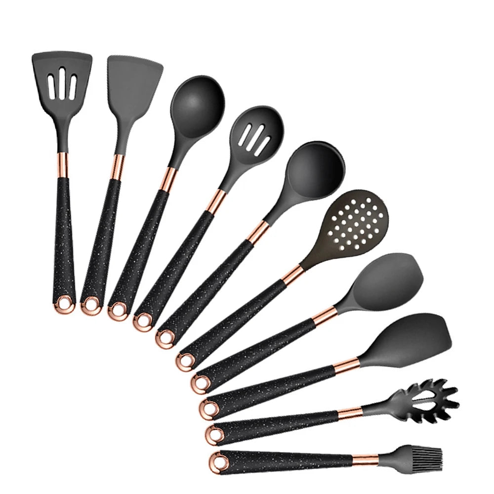 Silicone Cooking Utensils Set with Gold-Plated Handles – Non-Stick Safe, Heat Resistant | Black &amp; Beige | Available in 5, 7, 10 &amp; 12-Piece Sets Black — 10 Piece Set