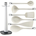 7-Piece Silicone Kitchen Utensils Set with 360° Rotating Countertop Holder – White silicone heads and handles with silver-tone stainless steel hanging hooks/end caps. Heat-Resistant, Dishwasher Safe White