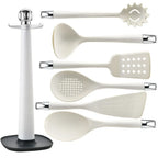 7-Piece Silicone Kitchen Utensils Set with 360° Rotating Countertop Holder – White silicone heads and handles with silver-tone stainless steel hanging hooks/end caps. Heat-Resistant, Dishwasher Safe White