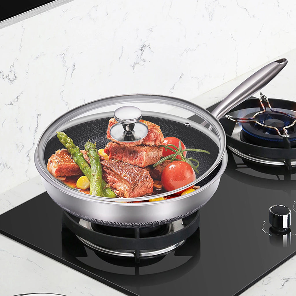 28cm Honeycomb Stainless Steel Nonstick Skillet with Glass Lid – 304 Stainless Steel, Scratch Resistant, Induction Compatible, Great for Frying, Sautéing, and Everyday Cooking silver United Kingdom
