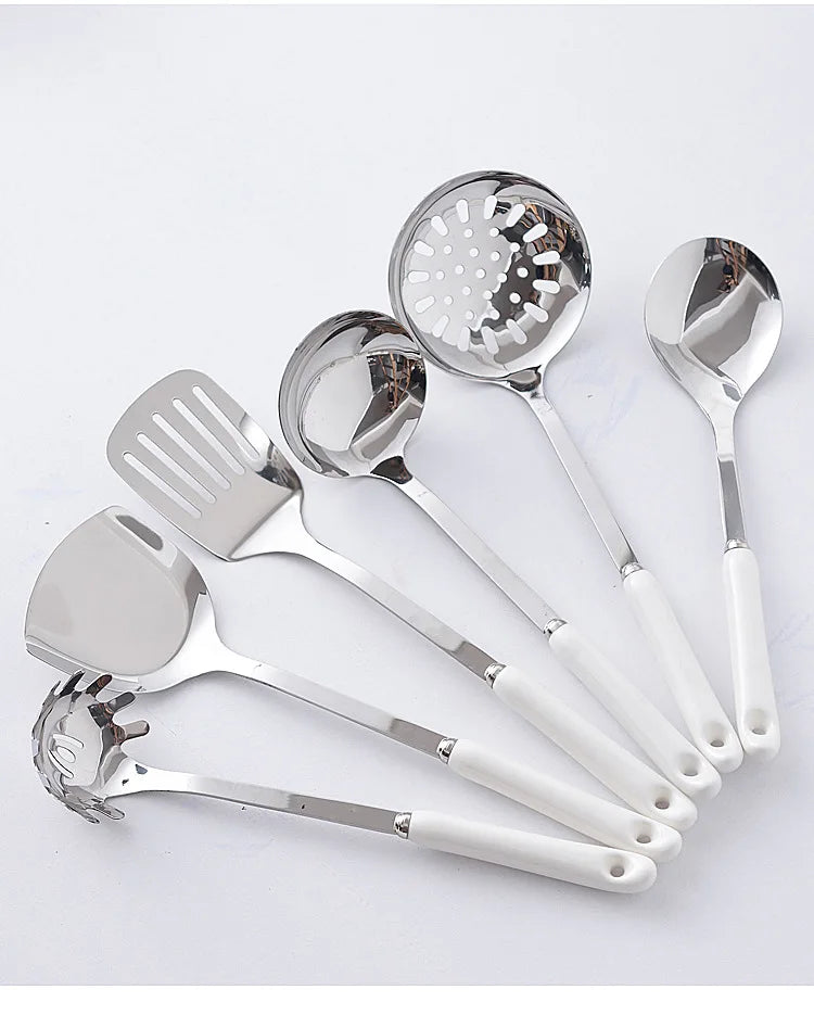 7-Piece Stainless Steel Kitchen Utensil Set with Ceramic Handle – Heat Resistant, Easy to Clean, Great for Cooking, Serving, and Everyday Kitchen Use