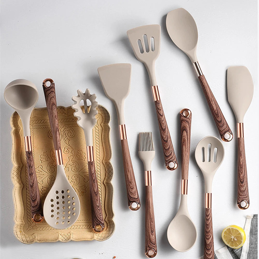 Silicone Cooking Utensils Set with Gold-Plated Handles – Non-Stick Safe, Heat Resistant | Black &amp; Beige | Available in 5, 7, 10 &amp; 12-Piece Sets