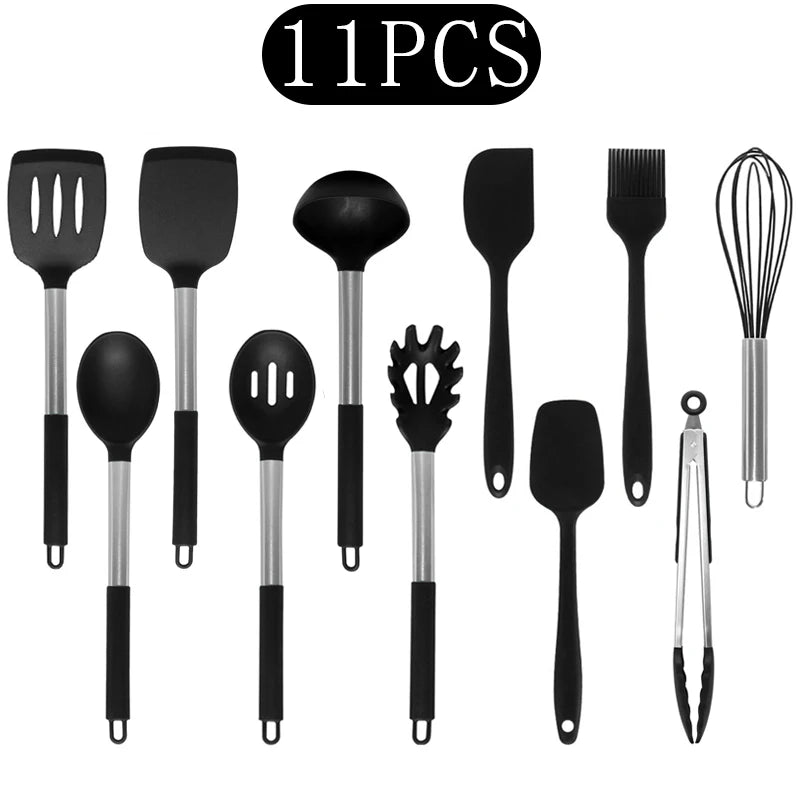 Silicone Kitchen Utensils Set with Stainless Steel Handles – Non-Stick, Heat-Resistant Cooking Utensils for Everyday Cooking & Baking, Available in 4 Colours & Multiple Set Sizes 11-Piece Black