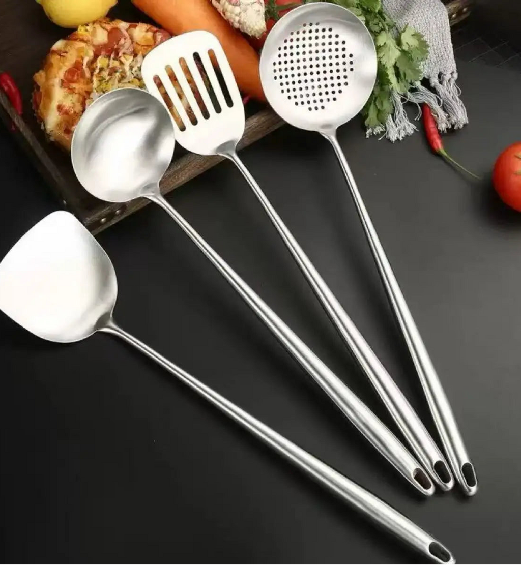 Stainless Steel Kitchen Utensils Set – Includes Slotted Turner, Ladle, Wok Spatula & Skimmer, Heat-Resistant for everyday cooking convenience. 4-Piece set