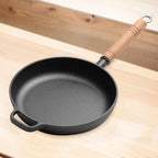 Old-Fashioned Pre-Seasoned Cast Iron Pan With Wooden Handle Flat Bottom Camping Skillet Uncoated Non-Stick For Searing Sauteing Stir-Frying