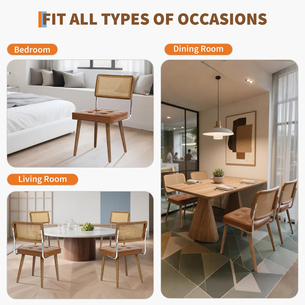Rattan Back Dining Chair with Velvet Seat | Wooden Legs | 3 Colours