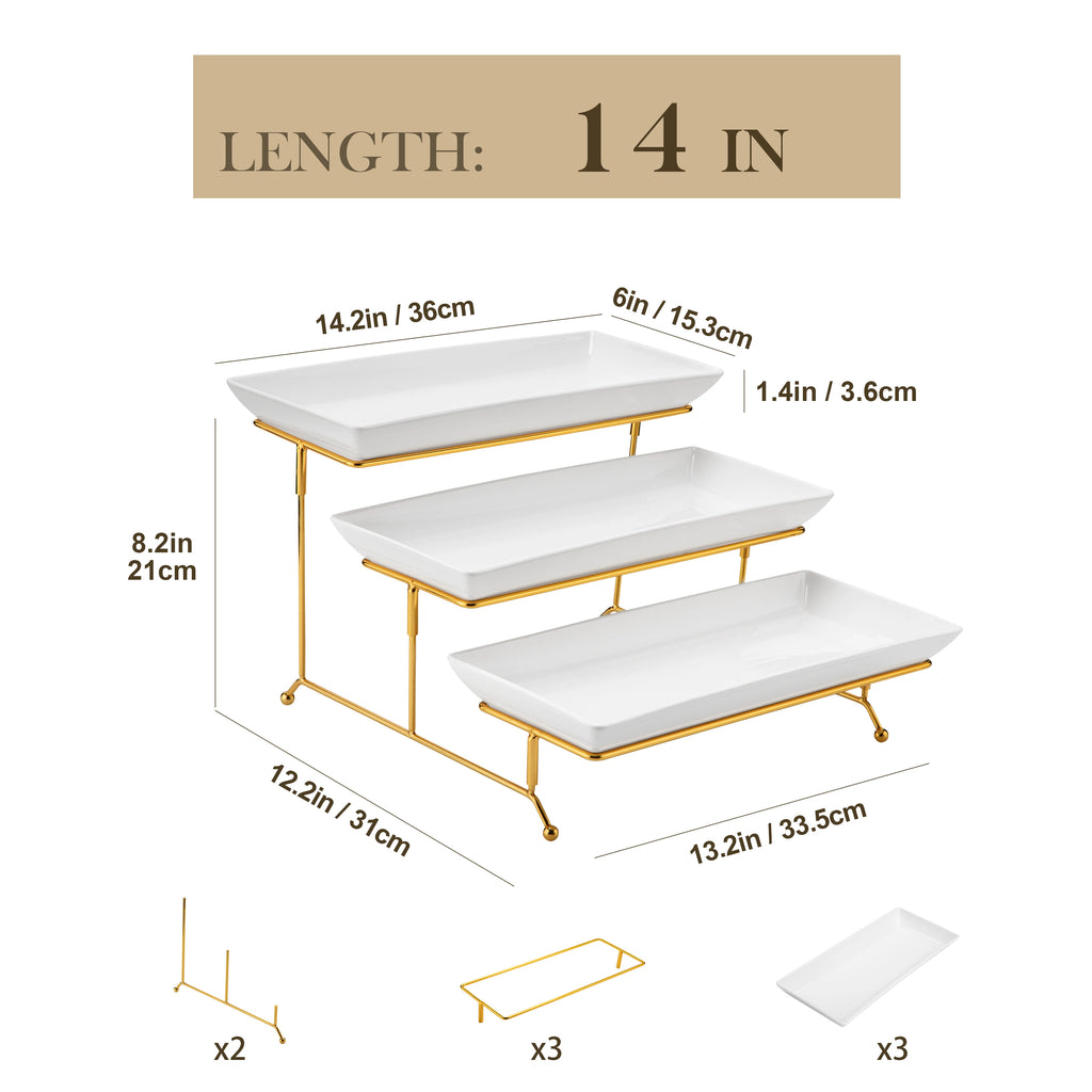 3-Tier Porcelain Buffet Food Display Platter with Stand | Stepped Staggered Design | 12 & 14 Inch