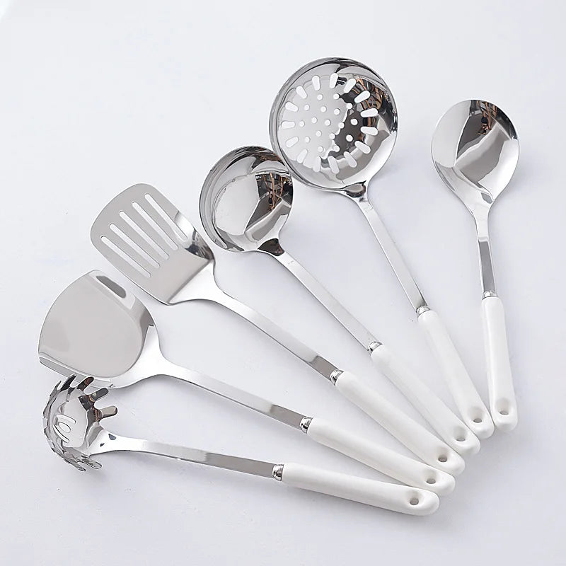 7-Piece Stainless Steel Kitchen Utensil Set with Ceramic Handle – Heat Resistant, Easy to Clean, Great for Cooking, Serving, and Everyday Kitchen Use