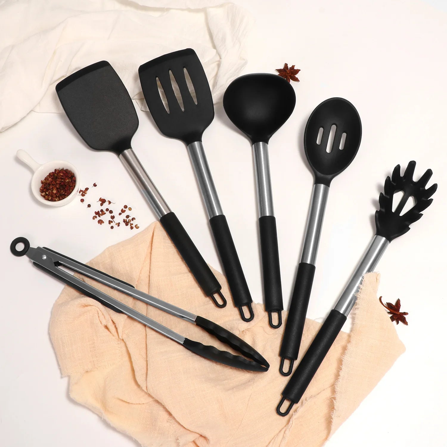 Silicone Kitchen Utensils Set with Stainless Steel Handles – Non-Stick, Heat-Resistant Cooking Utensils for Everyday Cooking & Baking, Available in 4 Colours & Multiple Set Sizes
