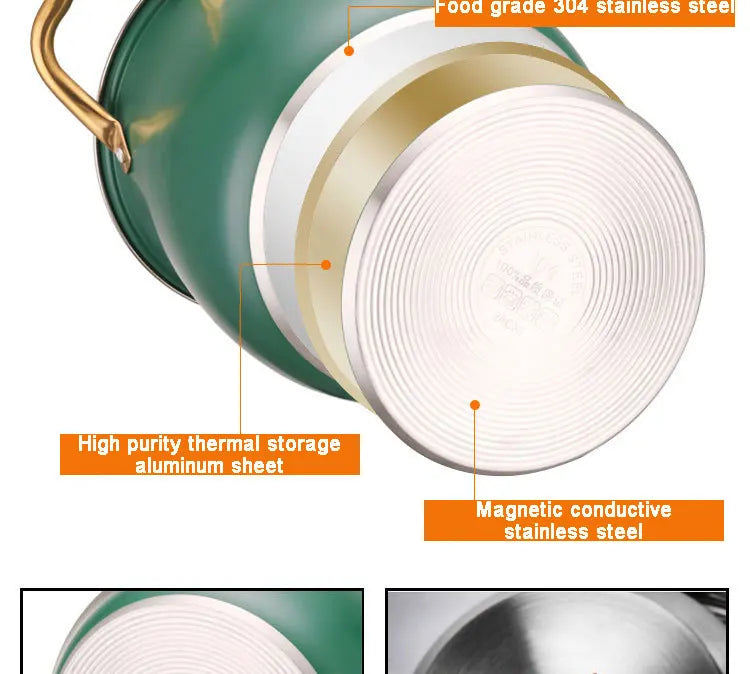 Stainless Steel Soup Pot with Glass Lid & Gold Handles – Thickened Base, Induction Compatible, Great for Soups, Stews, and Everyday Cooking