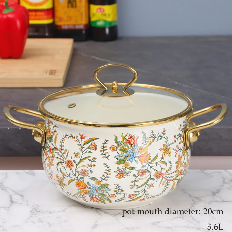 Retro Floral Enamel Soup Pot with Lid | Gas & Induction | 4 Designs | 2L–5.5L C 3.6L