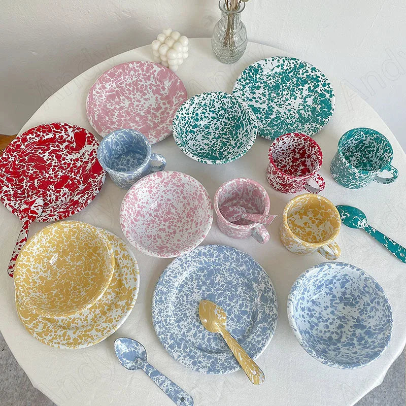 Retro Enamel Dinnerware | Splash Ink Pattern | Plates, Bowls, Cups & Spoons | Assorted Designs