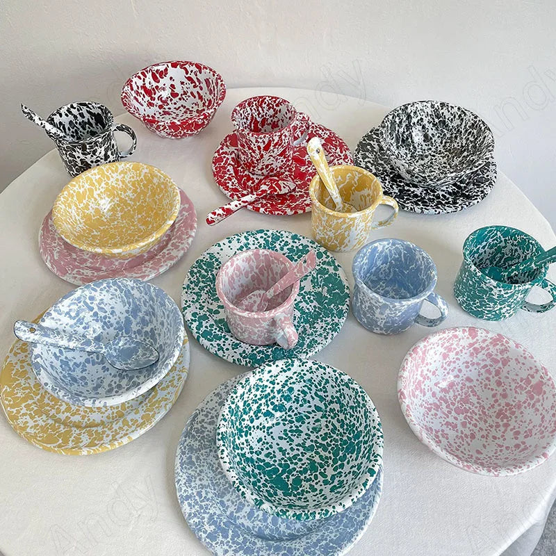 Retro Enamel Dinnerware | Splash Ink Pattern | Plates, Bowls, Cups & Spoons | Assorted Designs