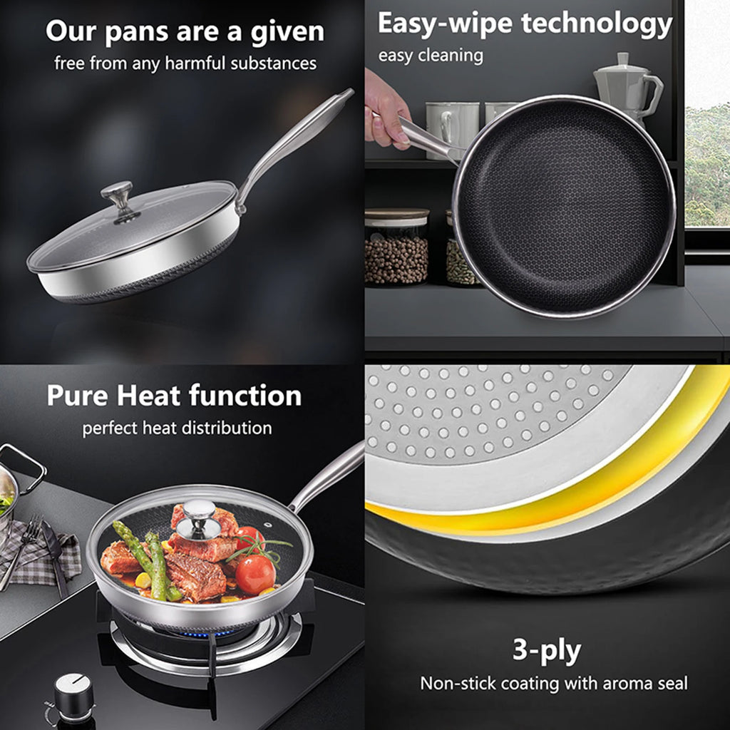 30cm Hybrid Nonstick Frying Pan | 316 Stainless Steel Deep Skillet with Glass Lid | Gas, Electric & Induction Compatible