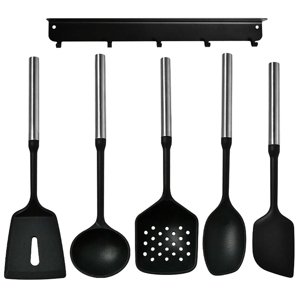 Stainless Steel Handle Silicone Kitchen Utensil Set – Cooking Utensils for Non-Stick Cookware – Spatula, Ladle, Turner & More – Available in Multiple Sets (5 Pieces / 6 Pieces) 5 Utensils + Wall-Mounted Rack