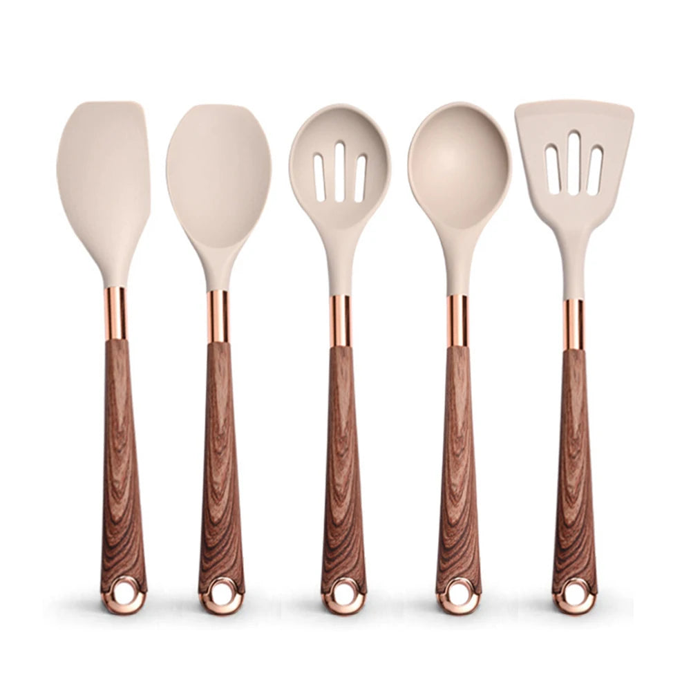Silicone Cooking Utensils Set with Gold-Plated Handles – Non-Stick Safe, Heat Resistant | Black &amp; Beige | Available in 5, 7, 10 &amp; 12-Piece Sets Beige — 5 Piece