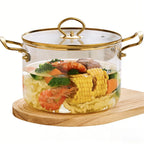 3.5L Transparent Glass Stockpot with Lid – Gold-Toned Stainless Steel Double Handles, Heat-Resistant & See-Through Cooking Pot Ideal for Stews, Soups, Pasta, Milk & More – Safe for Gas & Induction – Available in Gold-Toned or Silver-Toned Handle and Lid Gold-toned