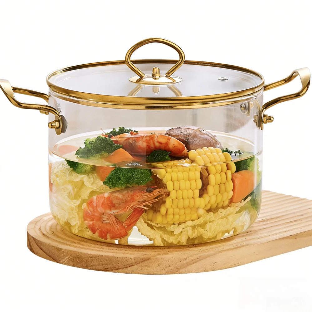 3.5L Transparent Glass Stockpot with Lid – Gold-Toned Stainless Steel Double Handles, Heat-Resistant & See-Through Cooking Pot Ideal for Stews, Soups, Pasta, Milk & More – Safe for Gas & Induction – Available in Gold-Toned or Silver-Toned Handle and Lid Gold-toned