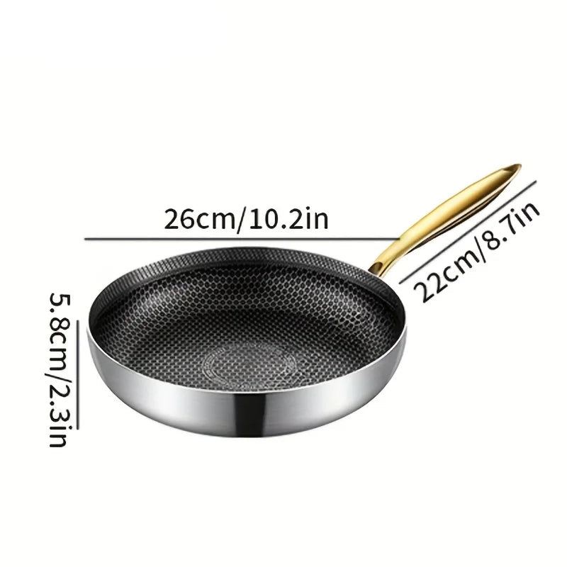 Honeycomb Stainless Steel Non-Stick Frying Pan with Golden Handle | 316 Stainless Steel | Induction & Gas Compatible | Ideal for Steak, Eggs, Pancakes, Fish & Stir-Fries | Available in 22cm, 24cm, 26cm, 28cm & 30cm 26cm