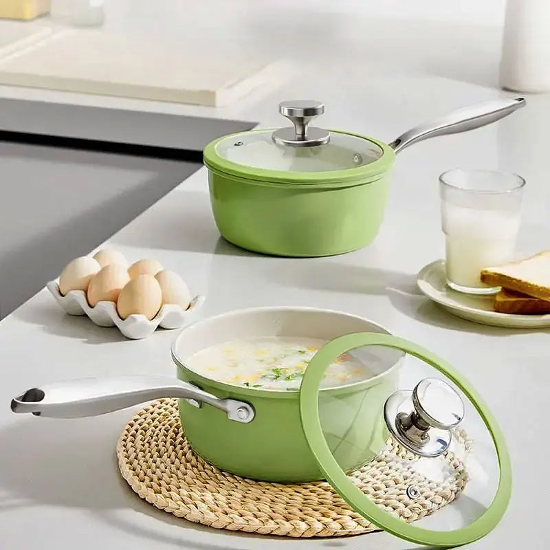 Green Ceramic Non-Stick Saucepan with Glass Lid & Stainless Steel Handle – Compatible with Induction and Gas Stoves, Ideal for Boiling Soup, Making Noodles, and Heating Milk, Available in 18cm/20cm
