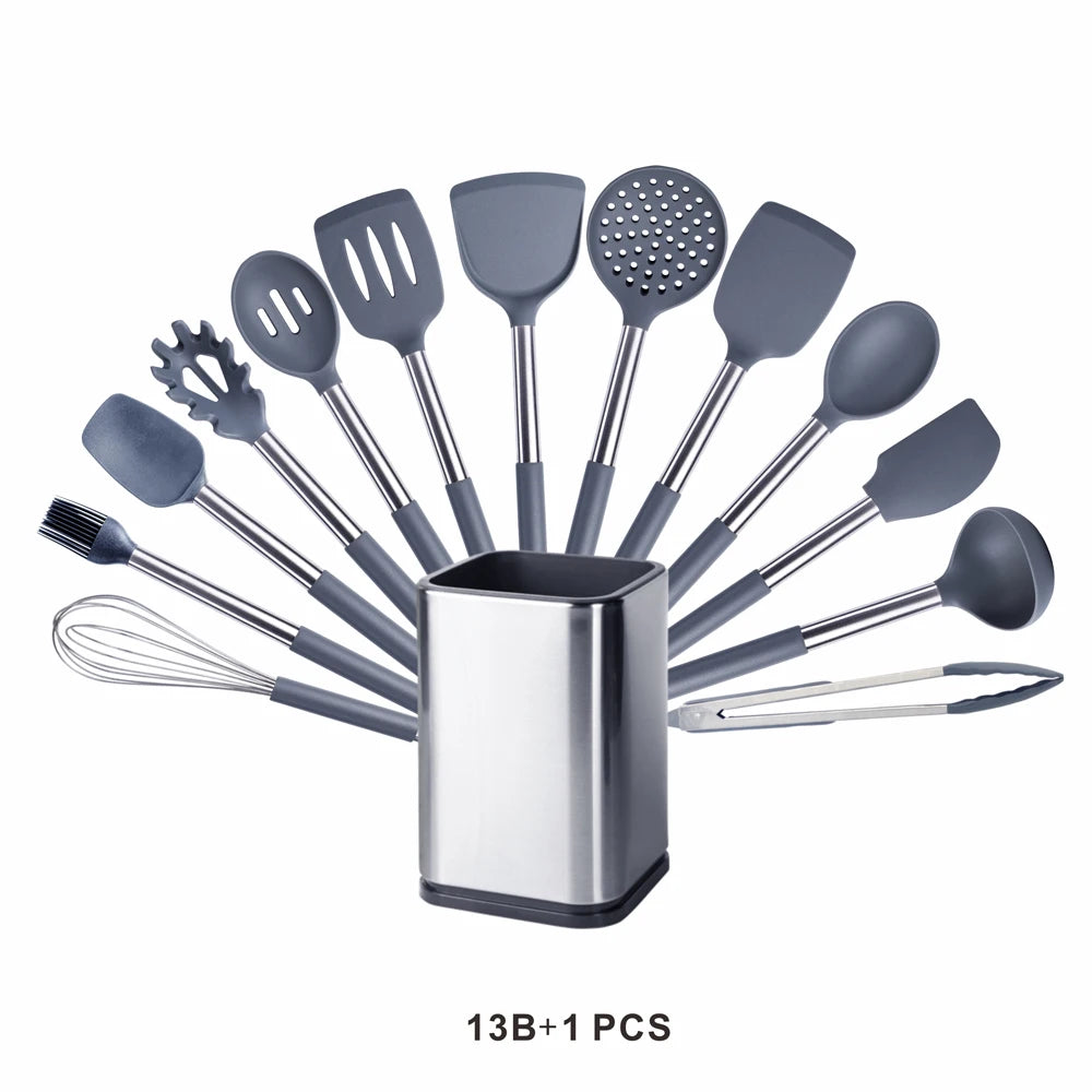 Silicone Kitchen Utensils Set with Stainless Steel Handles – Non-Stick Safe, Heat Resistant | Grey & Black | Available in 5 to 15-Piece Sets Grey — 13 Piece Set with Holder