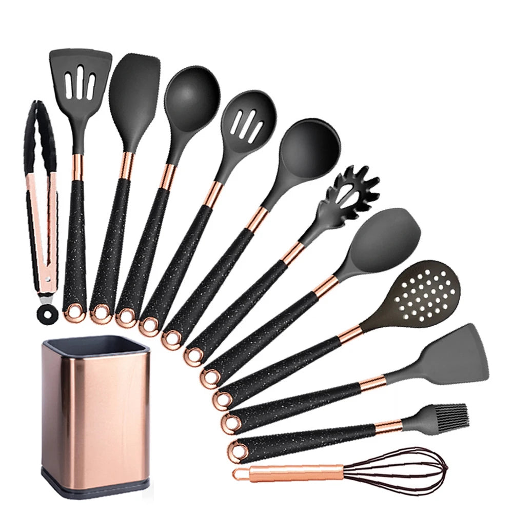 Silicone Cooking Utensils Set with Gold-Plated Handles – Non-Stick Safe, Heat Resistant | Black &amp; Beige | Available in 5, 7, 10 &amp; 12-Piece Sets Black — 12 Piece Set with Holder