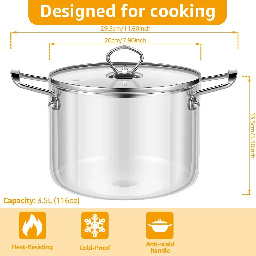 3.5L Transparent Glass Stockpot with Lid – Gold-Toned Stainless Steel Double Handles, Heat-Resistant & See-Through Cooking Pot Ideal for Stews, Soups, Pasta, Milk & More – Safe for Gas & Induction – Available in Gold-Toned or Silver-Toned Handle and Lid