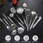13-Piece Stainless Steel Kitchen Utensils Set – Long 304 Stainless Steel Cooking Utensil Set, Includes Ladle, Whisk, Tongs, Spatula, Skimmer, Turner, Pasta Server & More, Heat-Resistant & Dishwasher Safe
