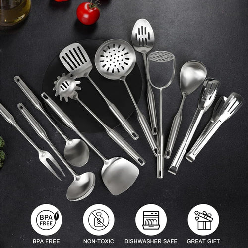 13-Piece Stainless Steel Kitchen Utensils Set – Long 304 Stainless Steel Cooking Utensil Set, Includes Ladle, Whisk, Tongs, Spatula, Skimmer, Turner, Pasta Server & More, Heat-Resistant & Dishwasher Safe