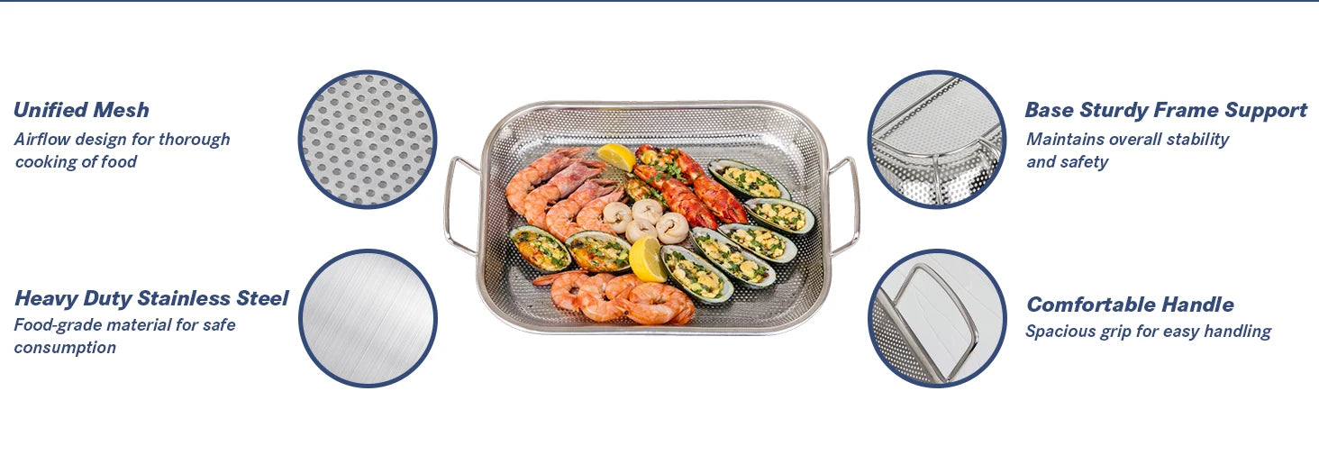 Stainless Steel Perforated BBQ Grill Pan with Micro-Perforated Mesh – Outdoor Roasting & Baking Tray for Steak, Meat, Vegetables & Seafood, Rust-Resistant BBQ Roasting Tray with Even Heat Distribution