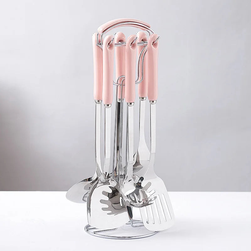 7-Piece Stainless Steel Kitchen Utensil Set with Ceramic Handle – Heat Resistant, Easy to Clean, Great for Cooking, Serving, and Everyday Kitchen Use 7Pcs Pink