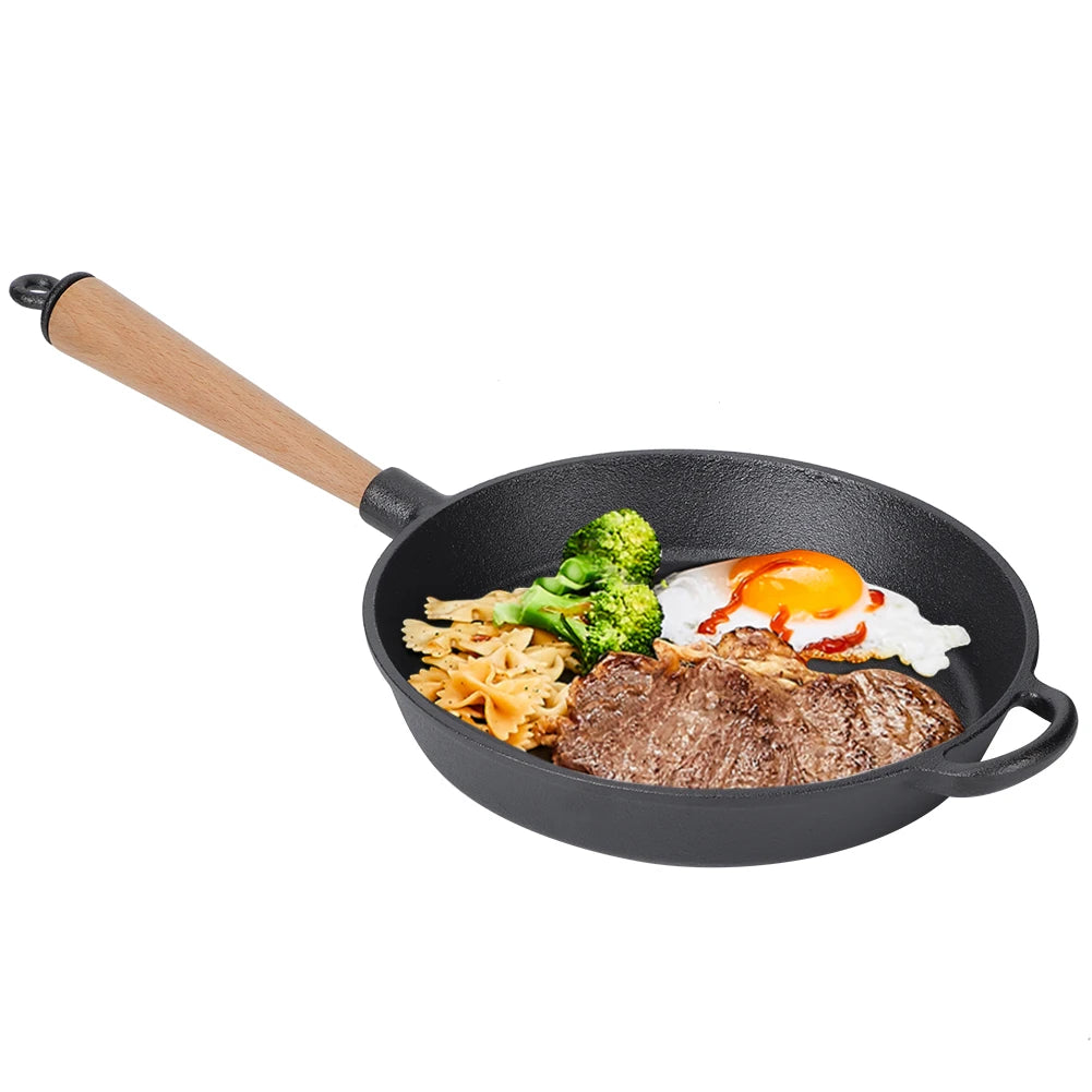 Pre-Seasoned Black Cast Iron Frying Pan Skillet with Removable Wooden Handle – Heavy-Duty Steak Pan for Searing, Frying & Sautéing