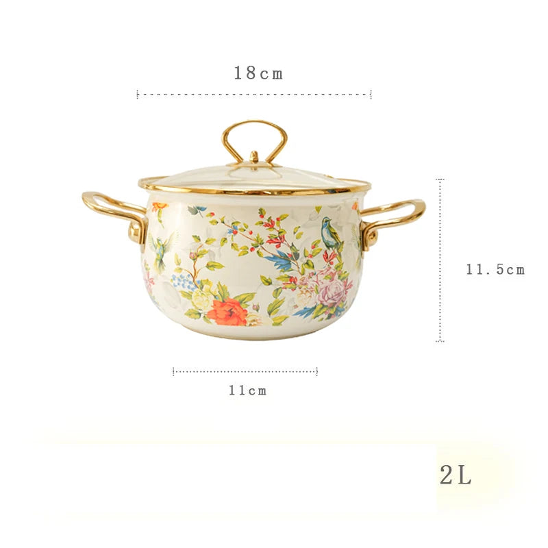 Retro Floral Enamel Soup Pot with Lid | Gas & Induction | 4 Designs | 2L–5.5L 2L