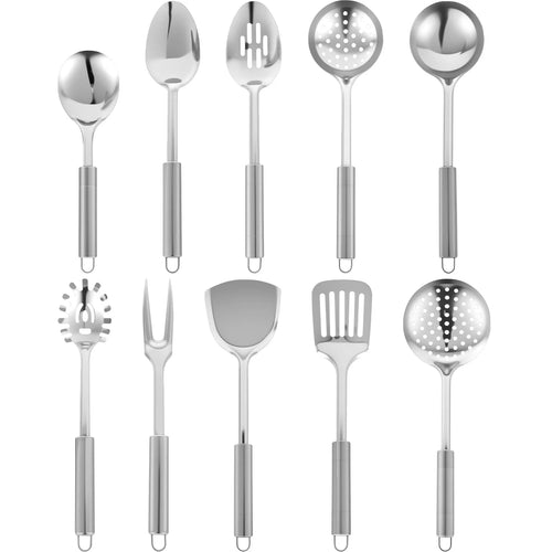10-Piece Stainless Steel Cooking Utensils Set – Durable and Practical Cooking Utensil Set Featuring a Hanging Loop Design for Easy Storage and Organisation Silver 10pcs