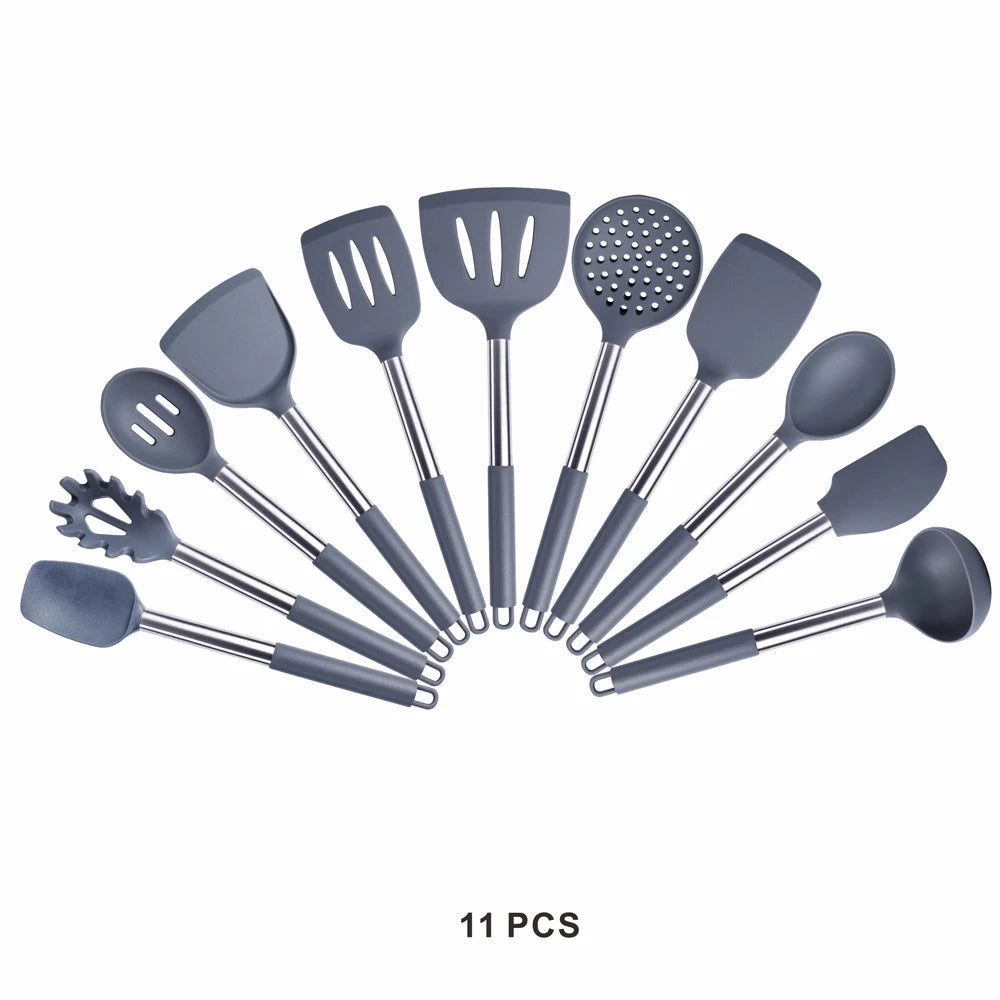 Silicone Kitchen Utensils Set with Stainless Steel Handles – Non-Stick Safe, Heat Resistant | Grey & Black | Available in 5 to 15-Piece Sets Grey — 11Piece Set