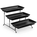 3-Tier Porcelain Buffet Food Display Platter with Stand | Stepped Staggered Design | 12 & 14 Inch Black Black