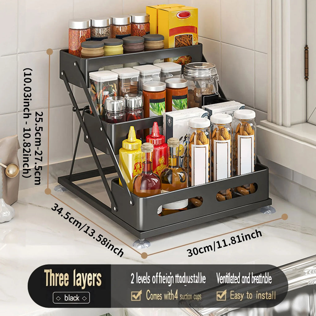 3-Tier Height-Adjustable Pull-Out Kitchen Spice Rack – Countertop Storage Organiser for Spice Bottles, Oils & Jars, Foldable & Rust-Resistant, Available in Black & White black