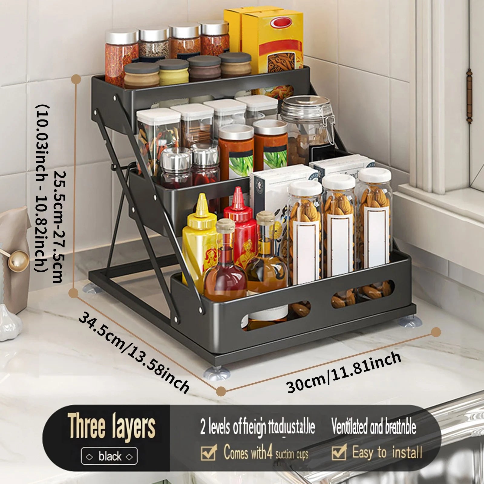 3-Tier Height-Adjustable Pull-Out Kitchen Spice Rack – Countertop Storage Organiser for Spice Bottles, Oils & Jars, Foldable & Rust-Resistant, Available in Black & White black
