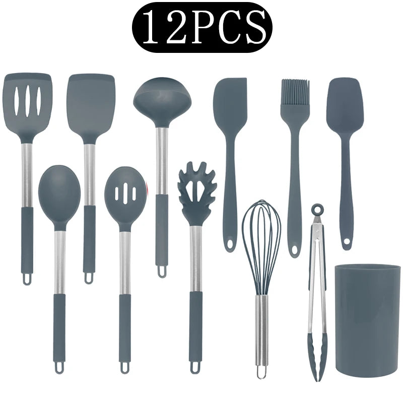 Silicone Kitchen Utensils Set with Stainless Steel Handles – Non-Stick, Heat-Resistant Cooking Utensils for Everyday Cooking & Baking, Available in 4 Colours & Multiple Set Sizes 12-Piece Grey