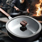 24cm Refined Iron Square Deep Skillet with Glass Lid & Wooden Handle – No Coating, Flat Bottom, Deep Wok-Style Stir Fry Pan, Great Cookware for Frying, Boiling, and Stir-Frying
