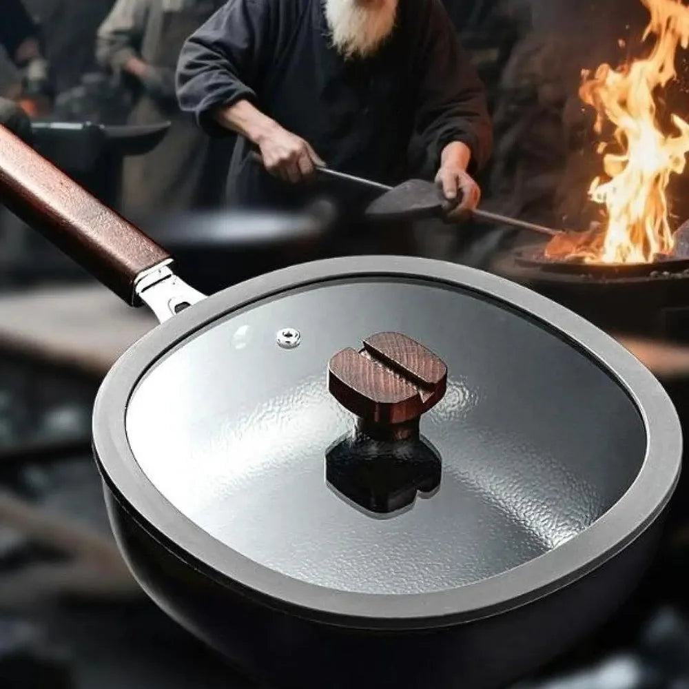 24cm Refined Iron Square Deep Skillet with Glass Lid & Wooden Handle – No Coating, Flat Bottom, Deep Wok-Style Stir Fry Pan, Great Cookware for Frying, Boiling, and Stir-Frying