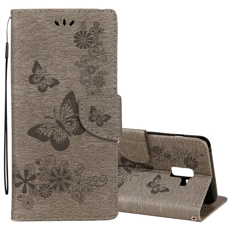 Vintage Embossed Floral Butterfly Pattern Horizontal Flip Leather Case with Card Slot & Holder & Wallet & Lanyard – Lanyard, Magnetic, Card Slot, For Galaxy A8 (2018) For Galaxy A8 (2018) Grey