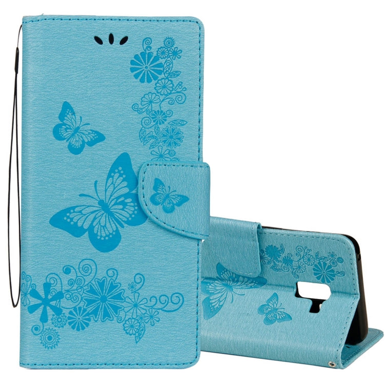 Vintage Embossed Floral Butterfly Pattern Horizontal Flip Leather Case with Card Slot & Holder & Wallet & Lanyard – Lanyard, Magnetic, Card Slot, For Galaxy A8+ (2018) For Galaxy A8+ (2018) Blue