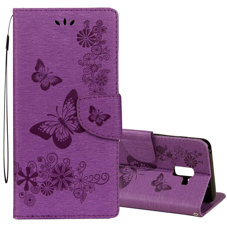 Vintage Embossed Floral Butterfly Pattern Horizontal Flip Leather Case with Card Slot & Holder & Wallet & Lanyard – Lanyard, Magnetic, Card Slot, For Galaxy A8+ (2018) For Galaxy A8+ (2018) Purple